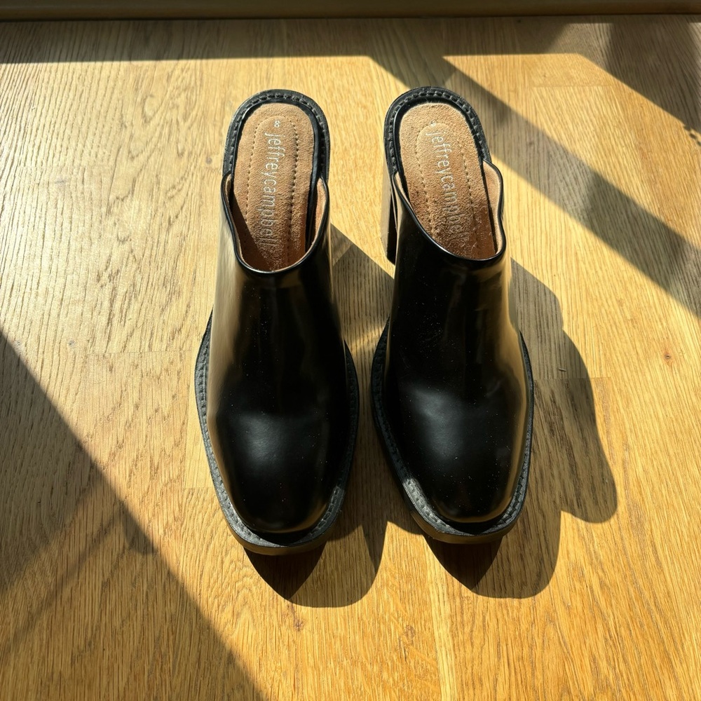 Jeffrey Campbell Black Patent Block Heel Mules Size 8